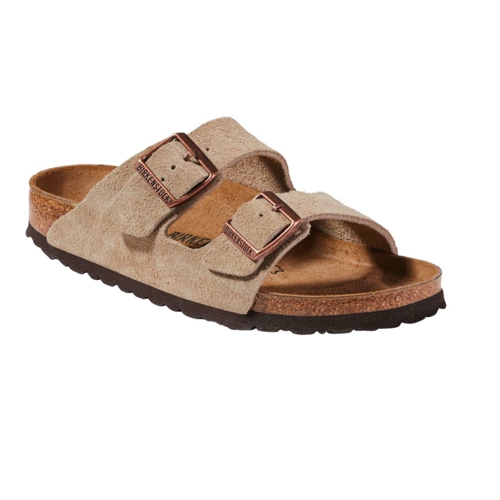 Birkenstock Arizona sandals with taupe suede straps